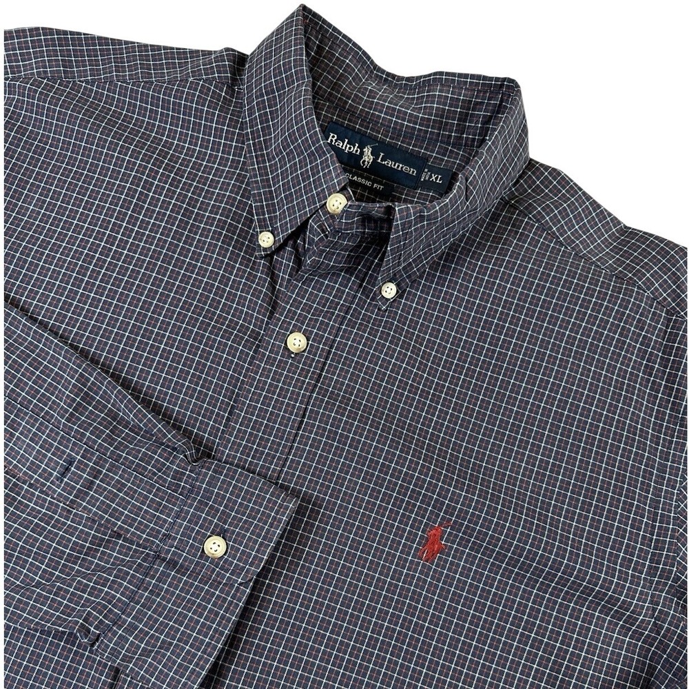 Ralph Lauren Button Down Shirt Men's XL Navy Micro Check Classic Fit Long Sleeve